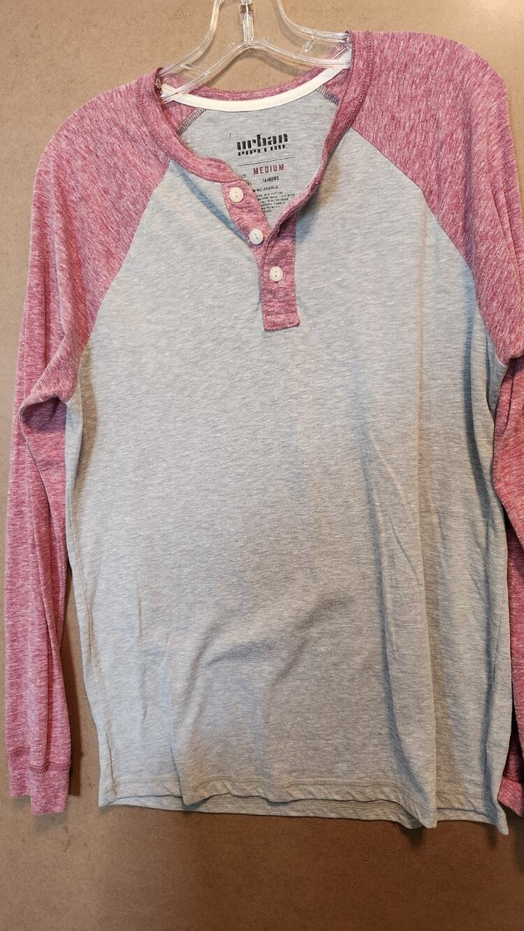 Urban Pipeline Mens Henley Shirt M Gray Pink Raglan Long Sleeve Casual #670
